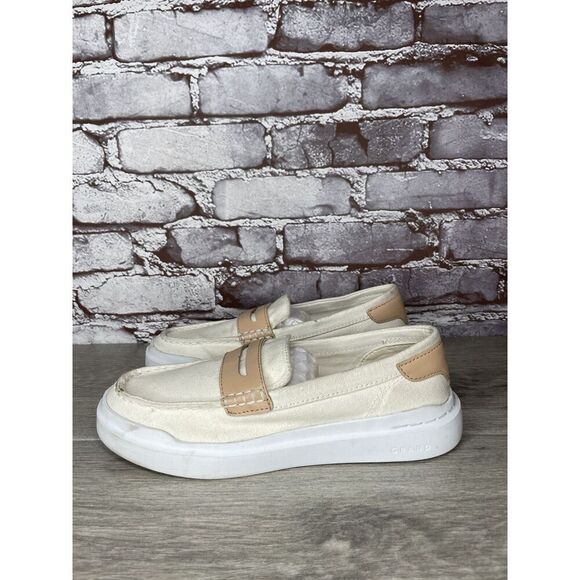 Cole Haan White Canvas Fabric Tan Penny Casual Slip On Shoes Women 6.5M US/37EU - Picture 3 of 16